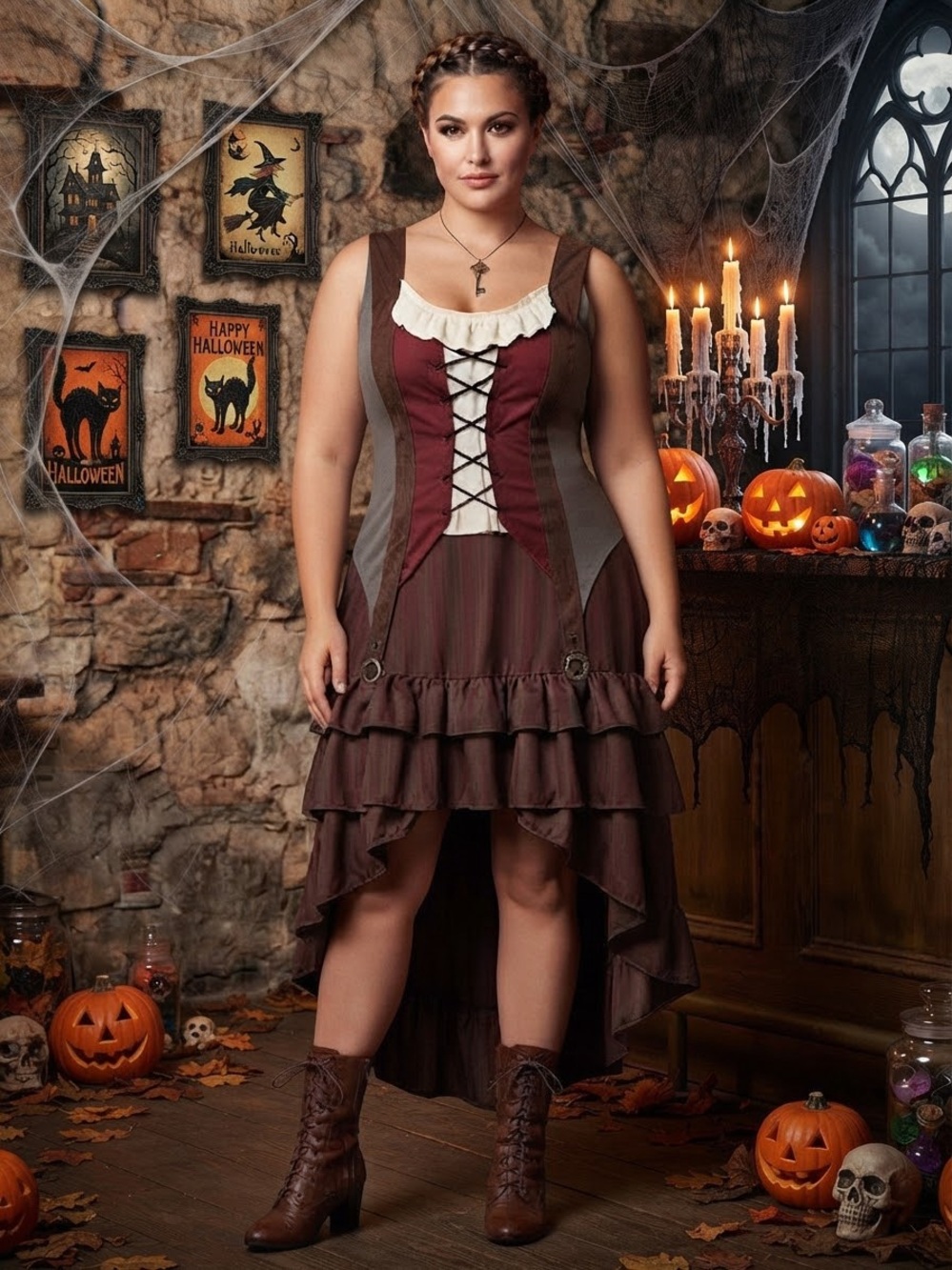 Burgundy and Brown Pirate Dress with Lace-Up Bodice Halloween costume